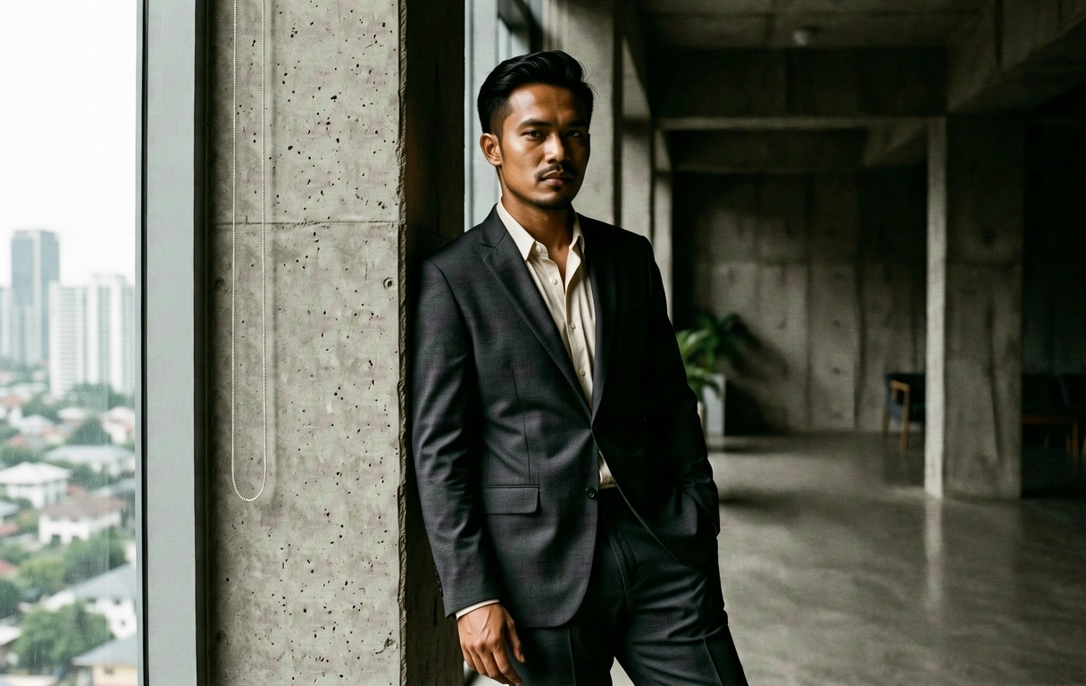 Professional man in a brutalist Jakarta interior
